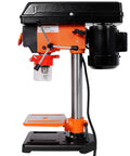 8 Inch Benchtop Drill Press Featuring Built In Laser Guide For Pinpoint Accuracy Plus Five Speed Settings Ranging From 770 To 3410 RPM Ideal For Wood And Metal Boring Projects With Precision Alignment For Serious DIYers, side view with metal table.