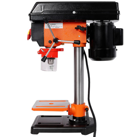 8 Inch Benchtop Drill Press Featuring Built In Laser Guide For Pinpoint Accuracy Plus Five Speed Settings Ranging From 770 To 3410 RPM Ideal For Wood And Metal Boring Projects With Precision Alignment For Serious DIYers, side view with metal table.