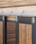 Exterior Sliding Barn Door Hardware Kit 10 Ft Box Rail Track With 450 Lb Capacity Weather Resistant Steel Wall Mount System For Outdoor Use Fits Double 30 In Doors Heavy Duty Outdoor Barn Door Kit For Smooth Quiet Operation installed on wooden wall