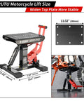 Beefy Dirt Bike Stand And Motorcycle Lift Jack With 1000 Lb Capacity For Dirt Bikes ATVs 12 To Thirteen Point Eight Inch Height Heavy Duty Steel Hydraulic Lift For Quick Maintenance And Easy Repairs showing detailed dimensions and installation.
