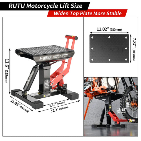 Beefy Dirt Bike Stand And Motorcycle Lift Jack With 1000 Lb Capacity For Dirt Bikes ATVs 12 To Thirteen Point Eight Inch Height Heavy Duty Steel Hydraulic Lift For Quick Maintenance And Easy Repairs showing detailed dimensions and installation.
