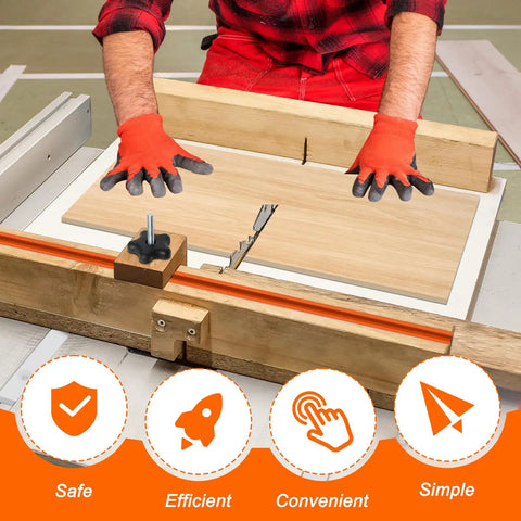 Person using Crosscut Sled Kit For Table Saws With Two Aluminum T Track And Two UHMW Miter Bars Knob And Bolt And Screws