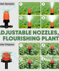 Adjustable nozzles of 164Ft Drip Irrigation Kit With Quick Connect Valves For Raised Beds Veggie Gardens And Pots Auto Watering System