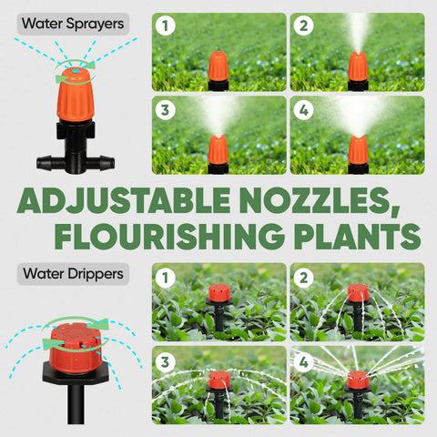 Adjustable nozzles of 164Ft Drip Irrigation Kit With Quick Connect Valves For Raised Beds Veggie Gardens And Pots Auto Watering System