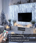 Cozy living room adorned with 200 LED White Curtain Lights With Remote For 6.5 Ft By 6.5 Ft Window Backdrop USB Powered 8 Modes