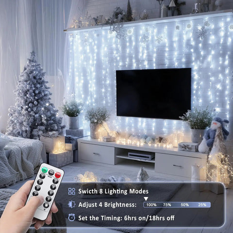 Cozy living room adorned with 200 LED White Curtain Lights With Remote For 6.5 Ft By 6.5 Ft Window Backdrop USB Powered 8 Modes