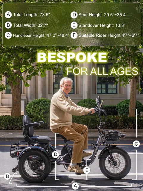 Folding Electric Tricycle For Adults With Basket And Backrest 1200W Fat Tire Trike 20 Mph Top Speed 100 Mile Range 3 Wheel Electric Bike reverse parking brake differential gray with rider and size measurements