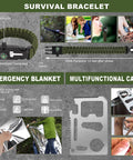 Ultimate 150 Piece First Aid And Survival Gear Kit with paracord bracelet, emergency blanket, and multi-tool card.