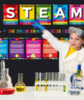 Student with goggles points to Steam Bulletin Board Kit With Think Like A Scientist Posters and Engineering Process Banner.