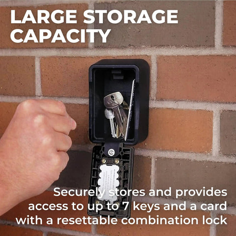 AccessPoint KeySafe Pro Heavy Duty Push Button Lockbox With Cover Black shown mounted on brick wall open with keys inside