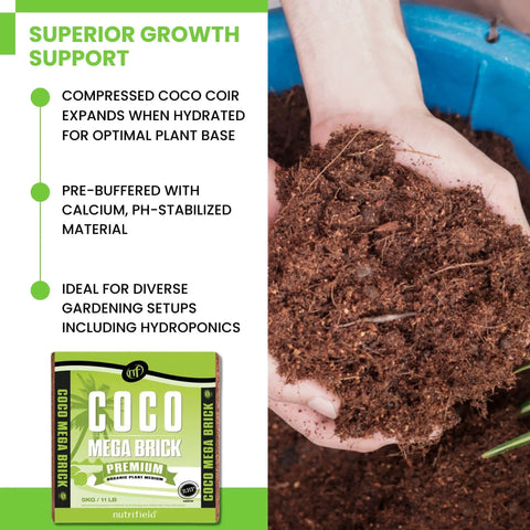 Person holding expanded Coco Coir Mega Brick Premium Organic Coconut Coir Block 11 Lb 5 Kg for indoor outdoor gardens.