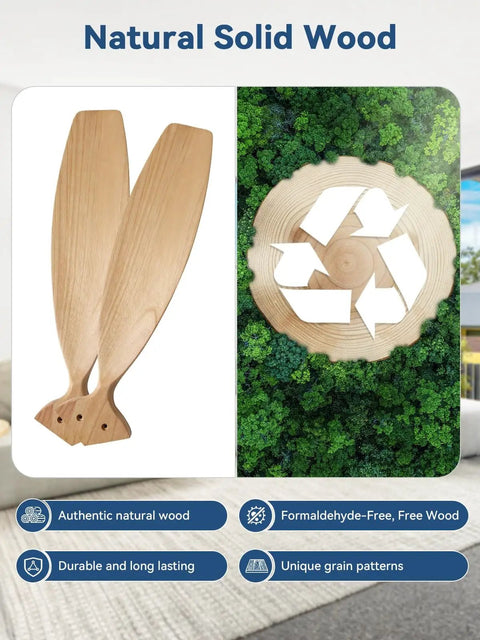 52 Inch Modern Wood Ceiling Fan blades showing natural wood texture and eco-friendly design highlights
