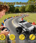 Amphibious RC Car Scale 1 18 4WD All Terrain Off Road Pickup Beast with boy holding remote on outdoor track