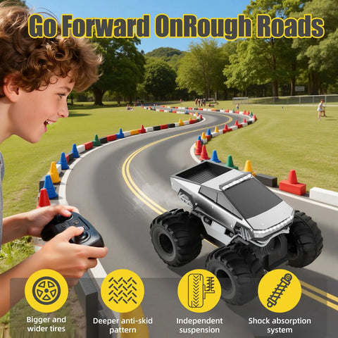 Amphibious RC Car Scale 1 18 4WD All Terrain Off Road Pickup Beast with boy holding remote on outdoor track