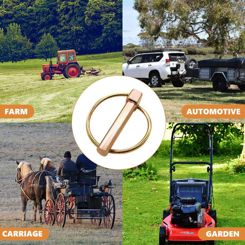Heavy Duty Lynch Pin Kit 50 Piece Set for Farm Equipment, shown with a tractor, trailer, carriage, and lawn mower.