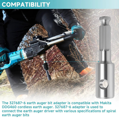 Earth Auger Bit Adapter With 7 16th Inch Hex Shank Compatible With Makita DDG460 Cordless Earth Augers in outdoor use