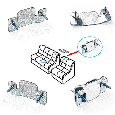 Interlocking Metal Sectional Couch Connectors With Screws Set Of 4 For Loveseat Recliner Chair Or Chaise Lounge Heavy Duty Steel Fastener Bracket Delivers Secure Connection And No Slipping Easy To Install Long Lasting Furniture Hardware diagram showing installation on sofa