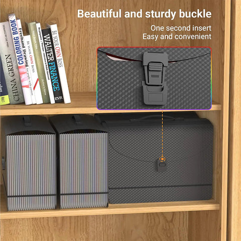 Grab And Go Expandable Accordion File Folder Boasting 25 Roomy Pockets A Heavy Duty Plastic Carry Handle Bright Index Tabs And Seamless Doc Sorting For Bills Daily Mail And A4 Letters Truly A Slick Setup on a shelf with books.