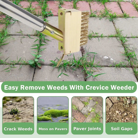Crack Weeder And Moss Remover Tool With 67 Inch Handle Two Brush Heads For Decks Pavers Patios Walkways And Driveways in use