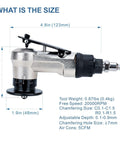 Side view of air chamfer tool for metal; pneumatic handheld deburring grinder with silver body and black adjustment dial