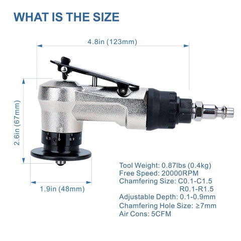Side view of air chamfer tool for metal; pneumatic handheld deburring grinder with silver body and black adjustment dial