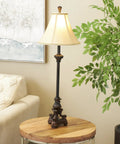 Antique Style Polystone Buffet Table Lamp With Tassel Pull Chain In Bronze Finish 31 Inches Tall Features A Carved Pedestal Base Beige Soft Silk Bell Shade With Corded Trim For Old School Room Glow on side table