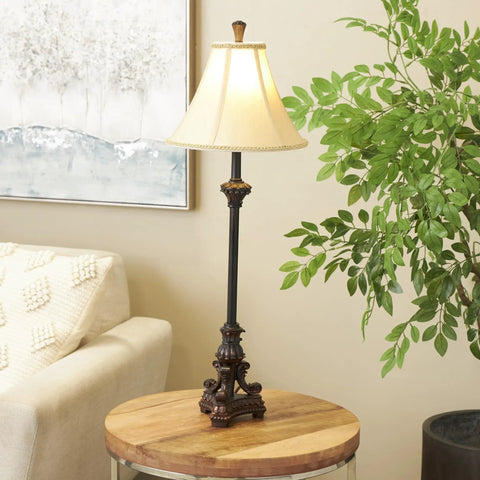 Antique Style Polystone Buffet Table Lamp With Tassel Pull Chain In Bronze Finish 31 Inches Tall Features A Carved Pedestal Base Beige Soft Silk Bell Shade With Corded Trim For Old School Room Glow on side table