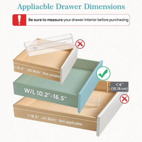 Image showing drawer dimensions for 12 Pack Clear Drawer Dividers For Clothes 4 Inch Tall Expandable Dresser Organizers.