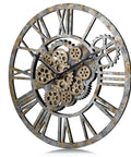 Steampunk Wall Clock With Moving Bronze Gears And Rustic Wooden Frame Perfect For Farmhouse Decor Straight Up Stuns With Serious Vintage Charm For Your Living Room Space with black Roman numerals and metallic finish.