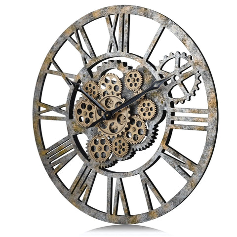 Steampunk Wall Clock With Moving Bronze Gears And Rustic Wooden Frame Perfect For Farmhouse Decor Straight Up Stuns With Serious Vintage Charm For Your Living Room Space with black Roman numerals and metallic finish.