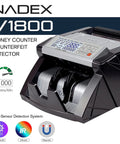 Nadex V1800 Money Counter with color coded dual TFT display for fast bill counting up to 1000 notes per minute, counterfeit detection