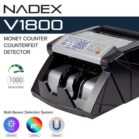 Nadex V1800 Money Counter with color coded dual TFT display for fast bill counting up to 1000 notes per minute, counterfeit detection