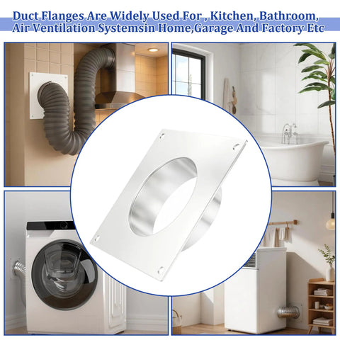 Four Inch Galvanized Steel Duct Connector Flange And Dryer Vent Wall Plate Square To Round Adapter With Included Mounting Screws installed in various home settings.