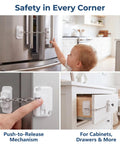 Child Proof Door Lock And Cat Door Latch, Adjustable Door Strap For Kids Safety, demonstrated on fridge and drawer, White