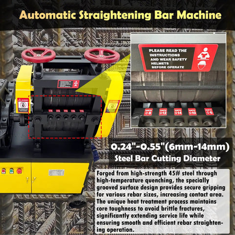 Heavy Duty Rebar Straightening and Cutting Machine for Steel Scrap Bars 6mm to 14mm, 28m Per Minute, 220V Three Phase Power Industrial Construction Grade Tool For Quick All In One Bar Repair; image shows machine controls and specifications.