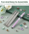 50 Pack Beadable Pen Extenders for Beadable Pens Stainless Steel Rods With Blank Metal Bars 4.6 Inch Length DIY Pen Repair and Craft Making Supplies Space For More Beads Caps And Charms, shown with beads and pen