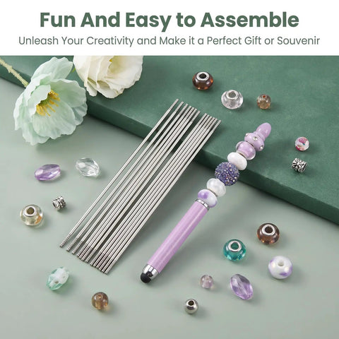 50 Pack Beadable Pen Extenders for Beadable Pens Stainless Steel Rods With Blank Metal Bars 4.6 Inch Length DIY Pen Repair and Craft Making Supplies Space For More Beads Caps And Charms, shown with beads and pen