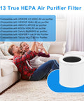 Replacement 3 In 1 H13 True HEPA Air Filter For VEWIOR A1 And Compatible Models displayed with usage list on living room couch background