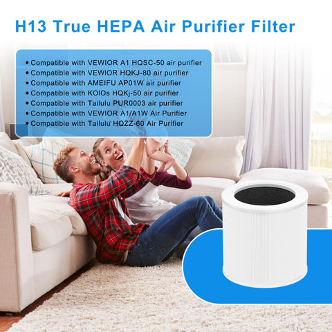 Replacement 3 In 1 H13 True HEPA Air Filter For VEWIOR A1 And Compatible Models displayed with usage list on living room couch background