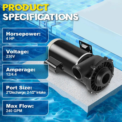 Straight Swap Heavy Duty Spa Pump And Hot Tub Motor Packing 4 HP Dual Speed Punch for smooth water flow specifications image.