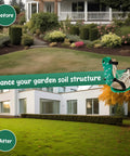 Before and after garden transformation with enhanced soil structure using garden tool