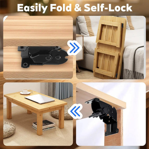 Heavy Duty Folding Brackets With Screws For Tables Beds Cabinets And Workbenches 10 Pack Self Lock Hinges shown on wooden furniture.