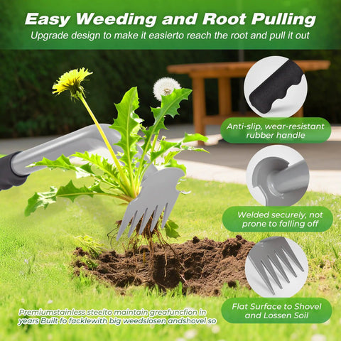 Ultra Durable Manganese Steel Weed Puller Tool With Five Tine Head for fast dandelion removal in garden.