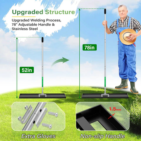 Extra Wide Lawn Leveling Rake 36 By 10 Inch With Adjustable Steel Handle, yard leveler shown on grass with dimensions for handle height.