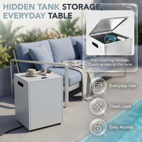 Outdoor Propane Fire Pit Table With 50,000 BTU, No Assembly, Low Profile Tank Table For Patio And Backyard, Grayish White Storage
