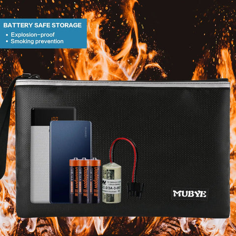 Two Size Fireproof Waterproof Document Bag Set 13.4x9.8 and 10.6x6.7 with reflective strip, holding batteries and devices