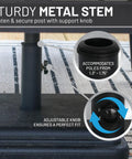 Close-up of an adjustable knob and base stem for 40 Pound Outdoor Umbrella Base for Patio Tables, Heavy Duty Weighted Stand.