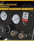 Close-up of dual gauges and large regulator on Portable 20 Gallon Air Compressor 2 Hp 120V 175 Psi 4.2 Scfm At 90 Psi.