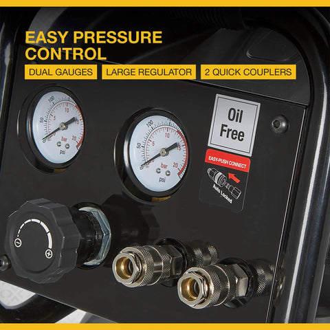 Close-up of dual gauges and large regulator on Portable 20 Gallon Air Compressor 2 Hp 120V 175 Psi 4.2 Scfm At 90 Psi.