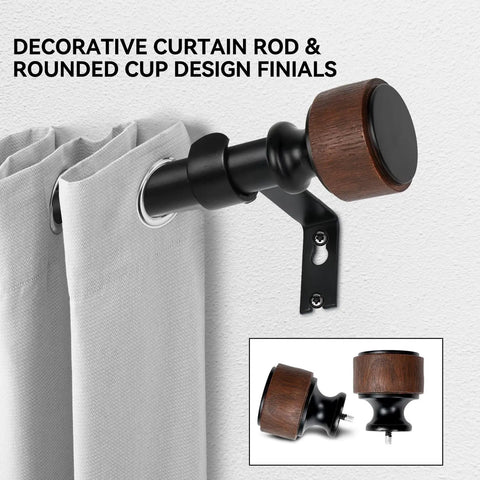 Rustic Wood Curtain Rod With Heavy Duty Adjustable Length 1 Inch Diameter Drapery Rod Featuring Faux Wood Grain Finials Built To Last In Matte Black Walnut Modern Luxe Farmhouse Style Vibe For 36 To 88 Inch Windows on wall with curtains